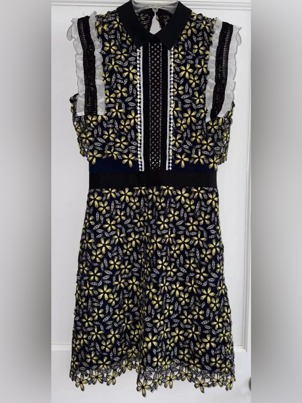 WOMENS SELF PORTRAIT ELAINA DRESS DAISY FLOWER NAVY BLUE & YELLOW SZ 6 SMALL/MED